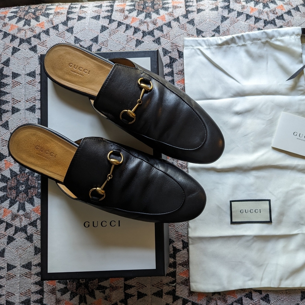 Gucci Black Princeton Horsebit Slip On Mule Loafers Size 40.5